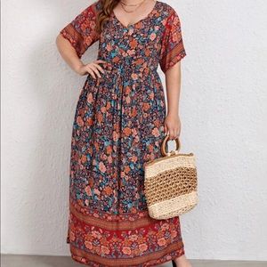 Boho plus floral print V neck maxi dress